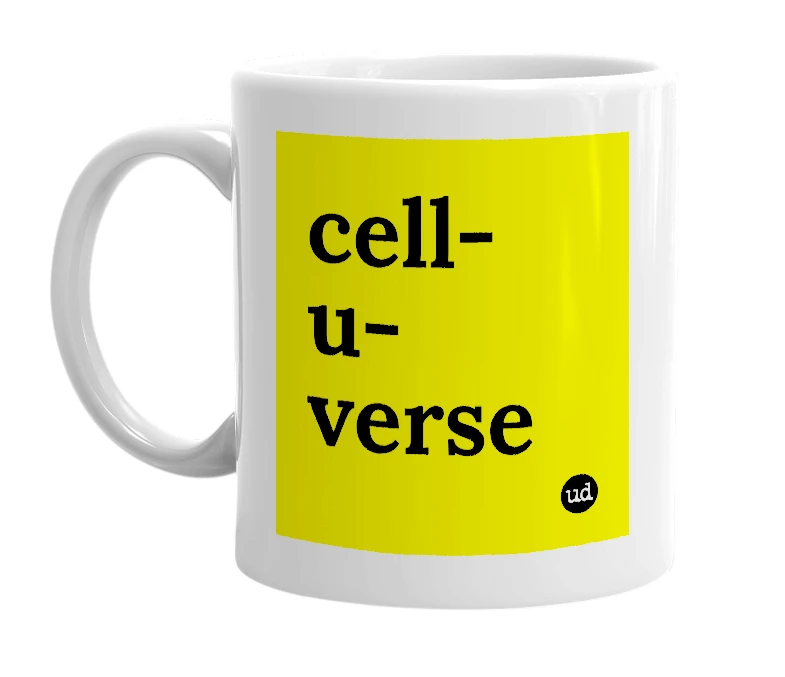 White mug with 'cell-u-verse' in bold black letters