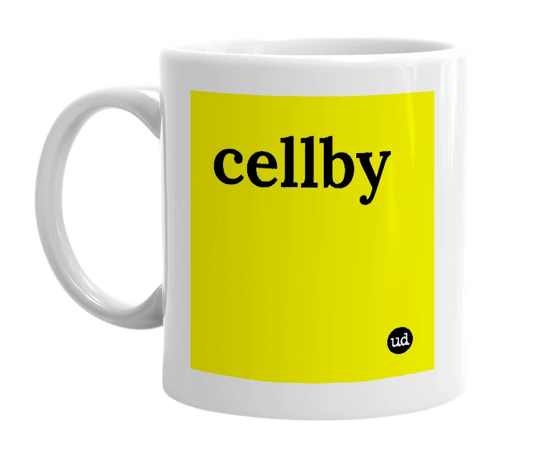 White mug with 'cellby' in bold black letters