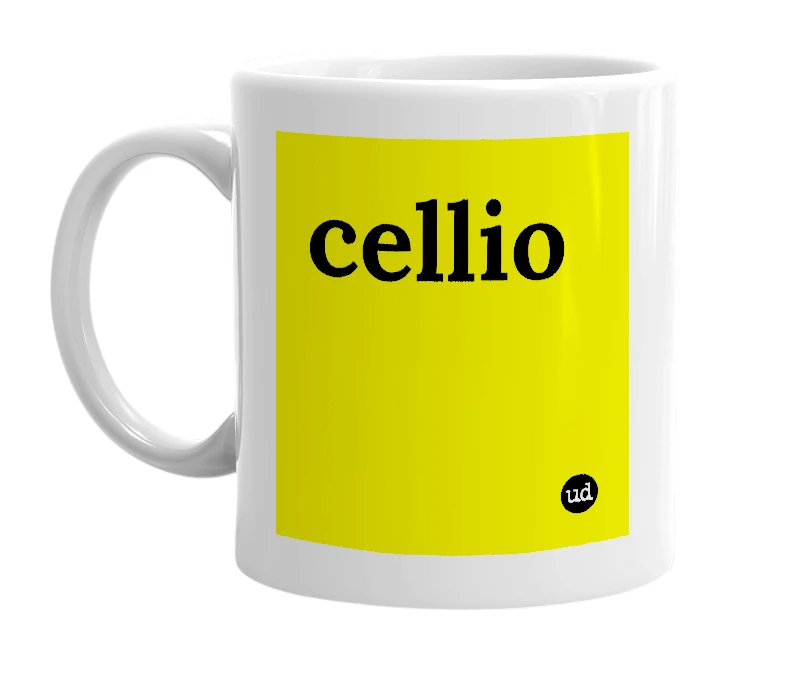 White mug with 'cellio' in bold black letters