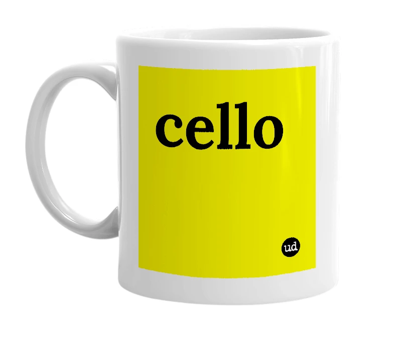 White mug with 'cello' in bold black letters