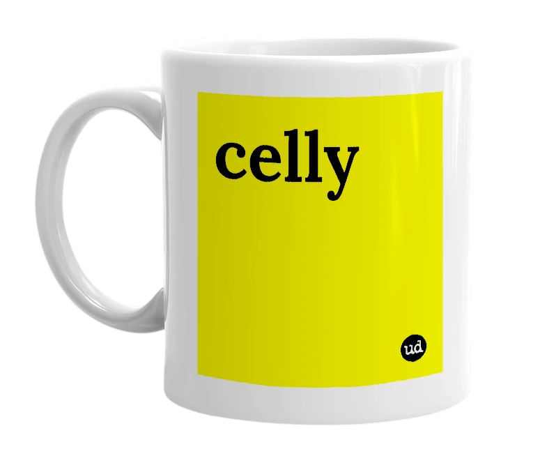White mug with 'celly' in bold black letters