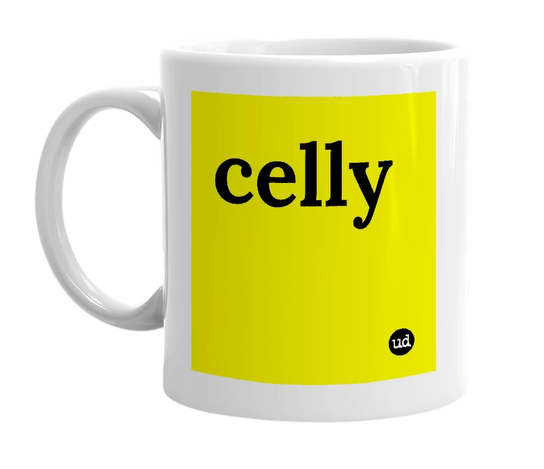 White mug with 'celly' in bold black letters