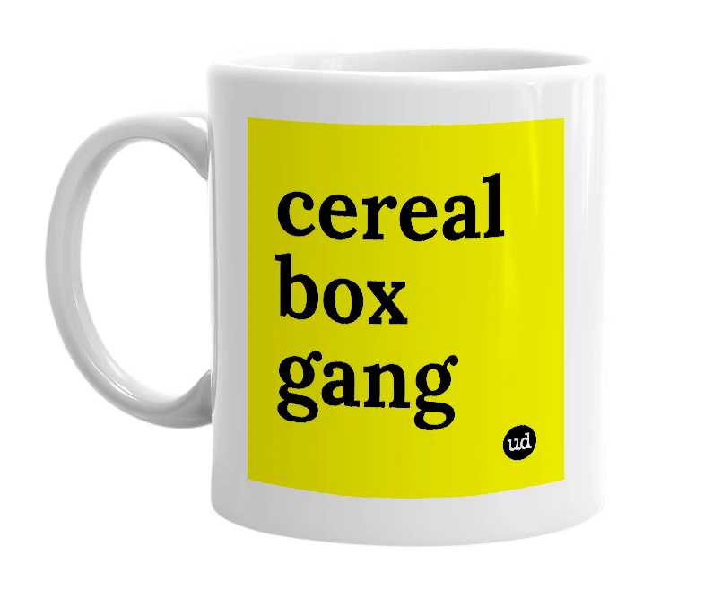 White mug with 'cereal box gang' in bold black letters