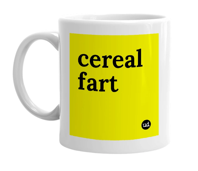 White mug with 'cereal fart' in bold black letters