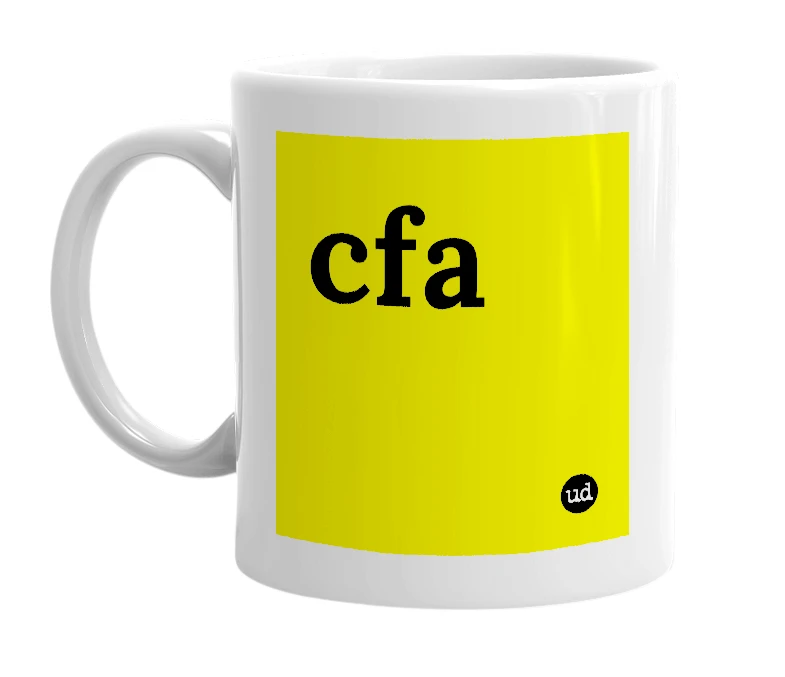 White mug with 'cfa' in bold black letters