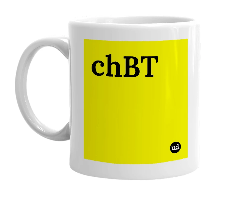 White mug with 'chBT' in bold black letters