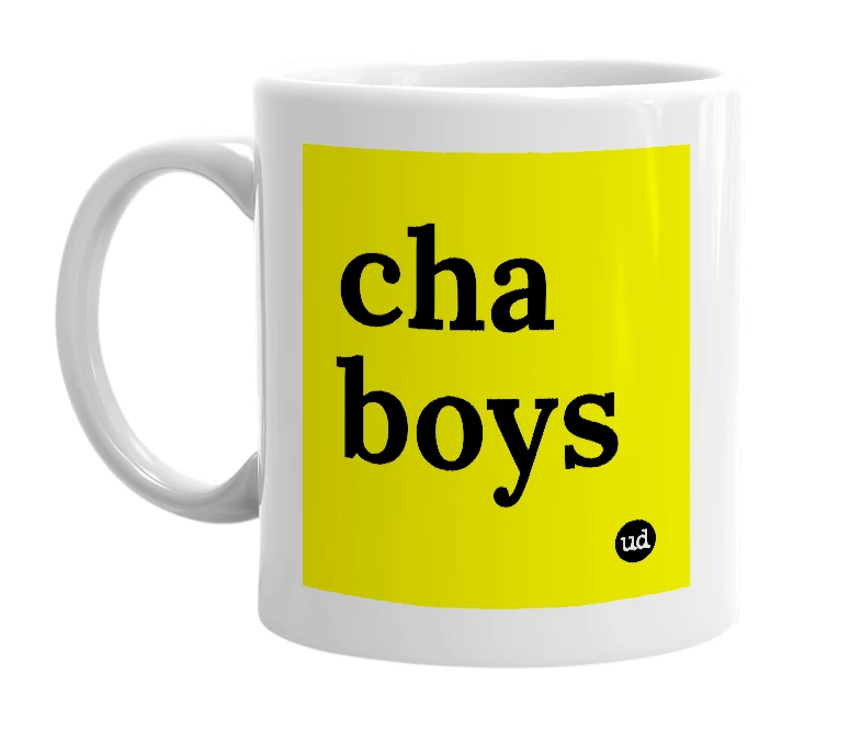 White mug with 'cha boys' in bold black letters