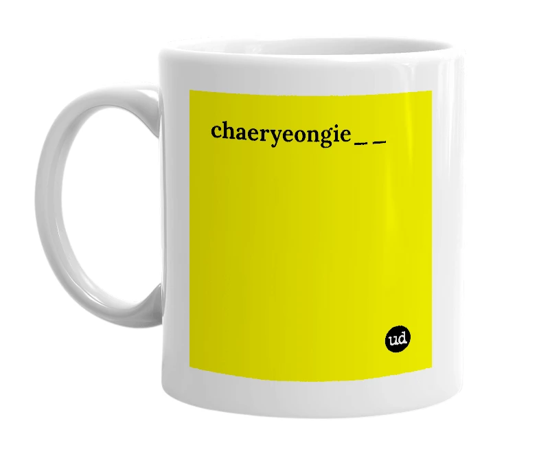 White mug with 'chaeryeongie__' in bold black letters