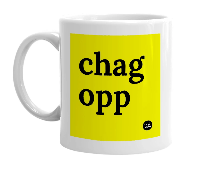 White mug with 'chag opp' in bold black letters
