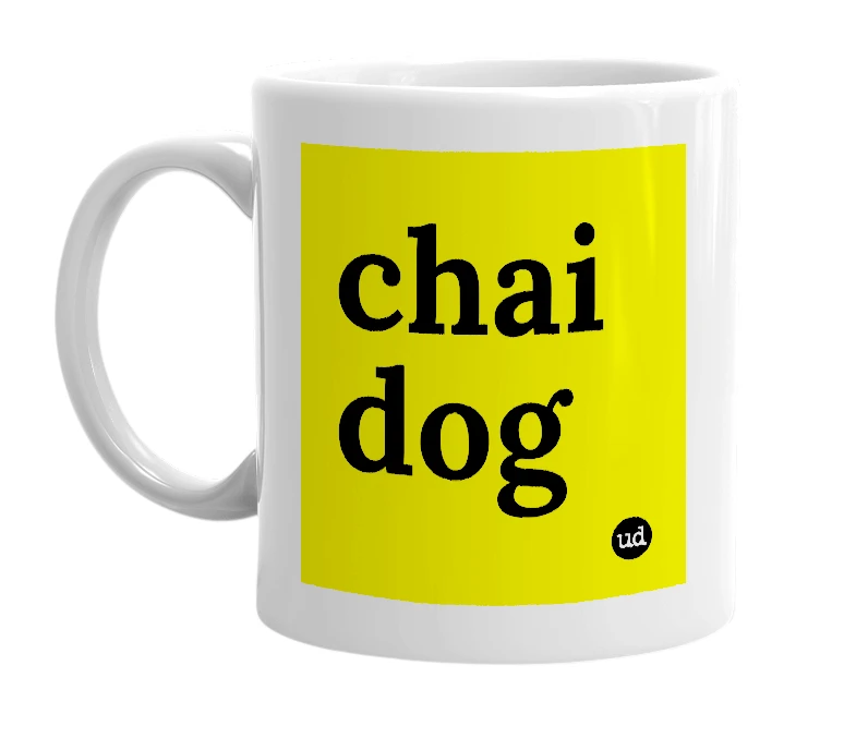White mug with 'chai dog' in bold black letters