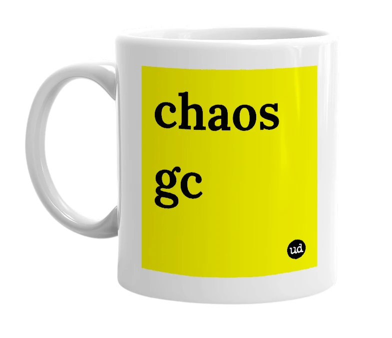 White mug with 'chaos gc' in bold black letters