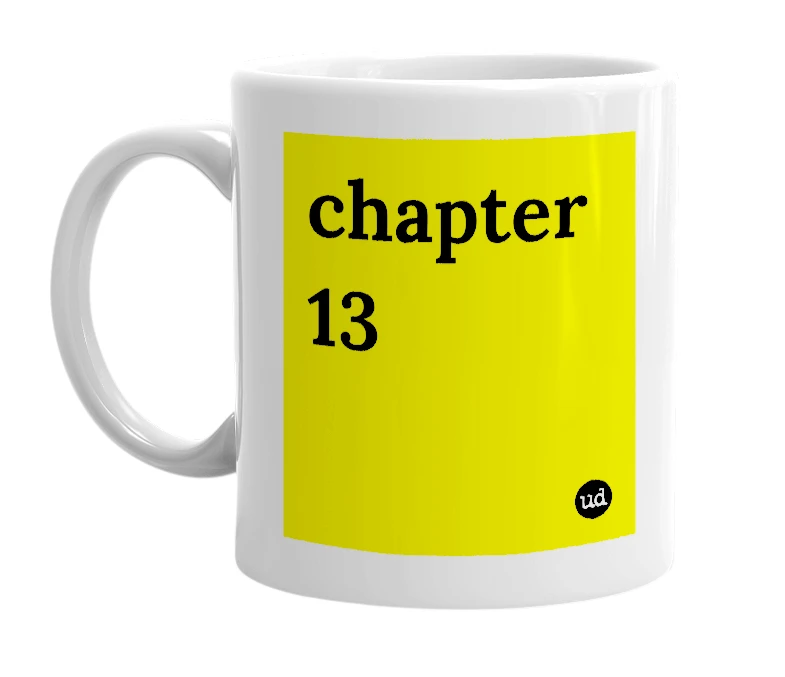White mug with 'chapter 13' in bold black letters