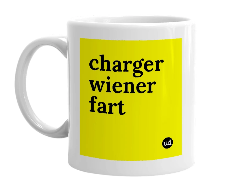 White mug with 'charger wiener fart' in bold black letters