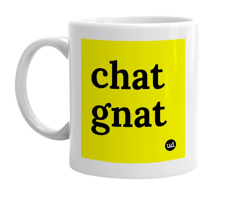 White mug with 'chat gnat' in bold black letters