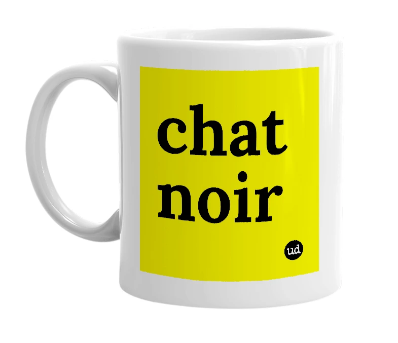 White mug with 'chat noir' in bold black letters