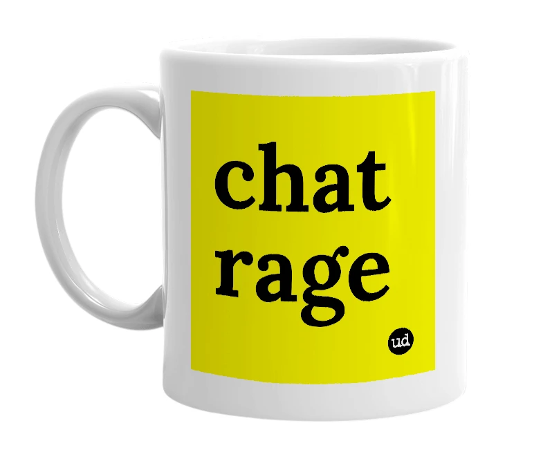 White mug with 'chat rage' in bold black letters