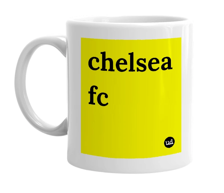 White mug with 'chelsea fc' in bold black letters