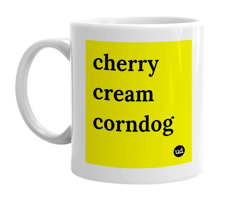White mug with 'cherry cream corndog' in bold black letters
