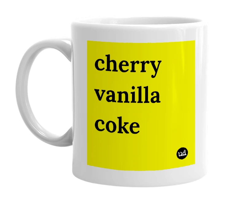 White mug with 'cherry vanilla coke' in bold black letters