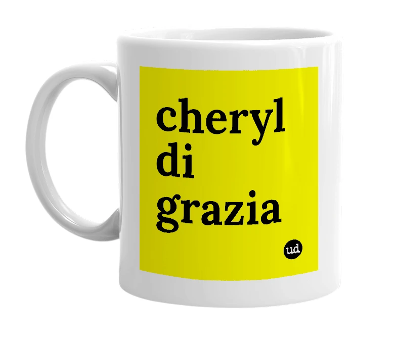 White mug with 'cheryl di grazia' in bold black letters