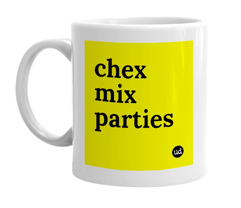 White mug with 'chex mix parties' in bold black letters