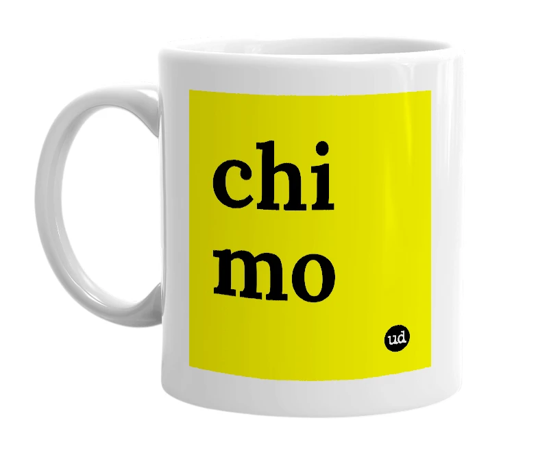 White mug with 'chi mo' in bold black letters