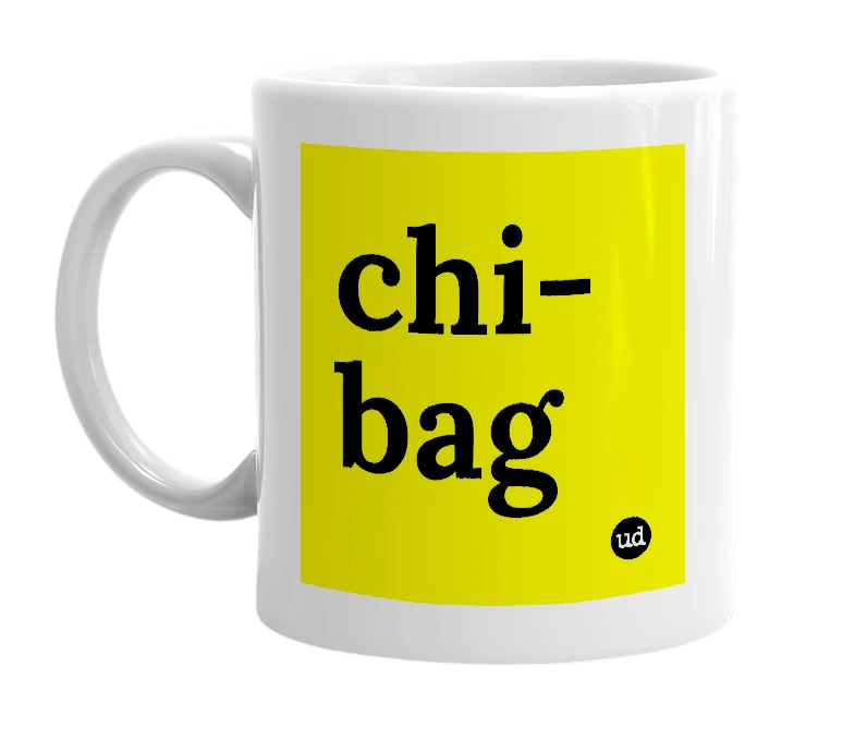 White mug with 'chi-bag' in bold black letters