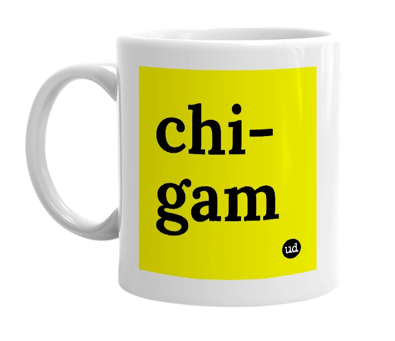 White mug with 'chi-gam' in bold black letters