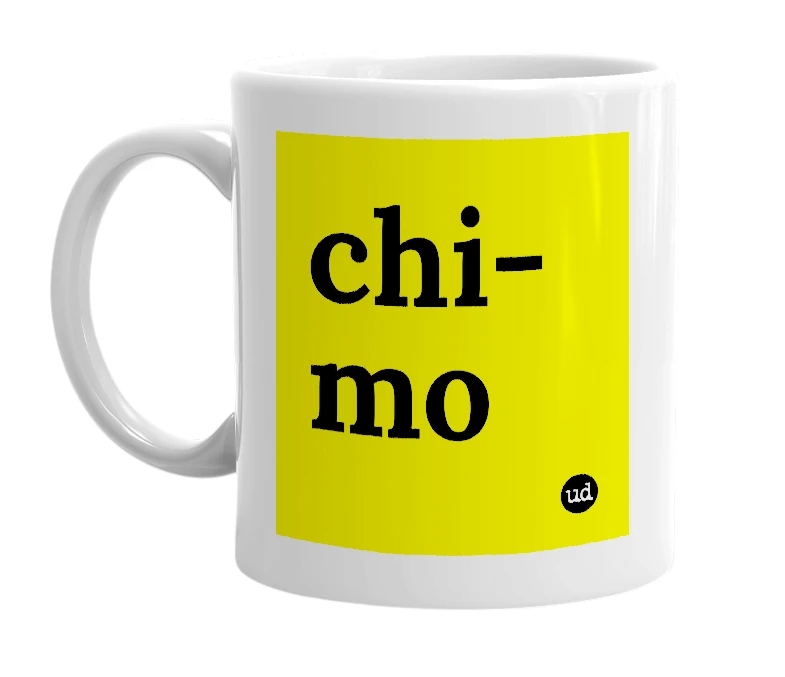 White mug with 'chi-mo' in bold black letters