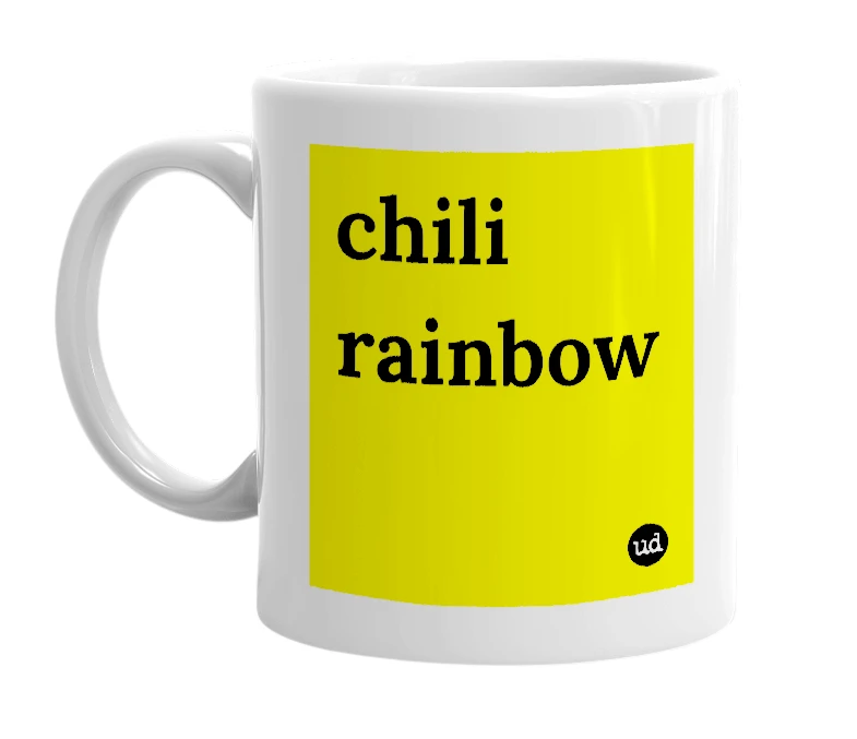 White mug with 'chili rainbow' in bold black letters