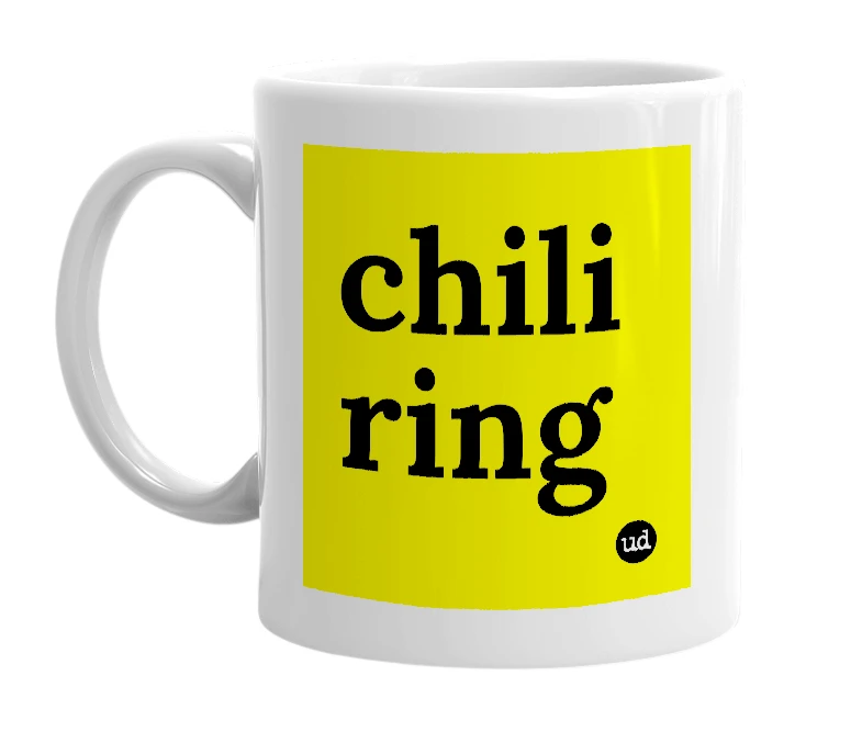 White mug with 'chili ring' in bold black letters