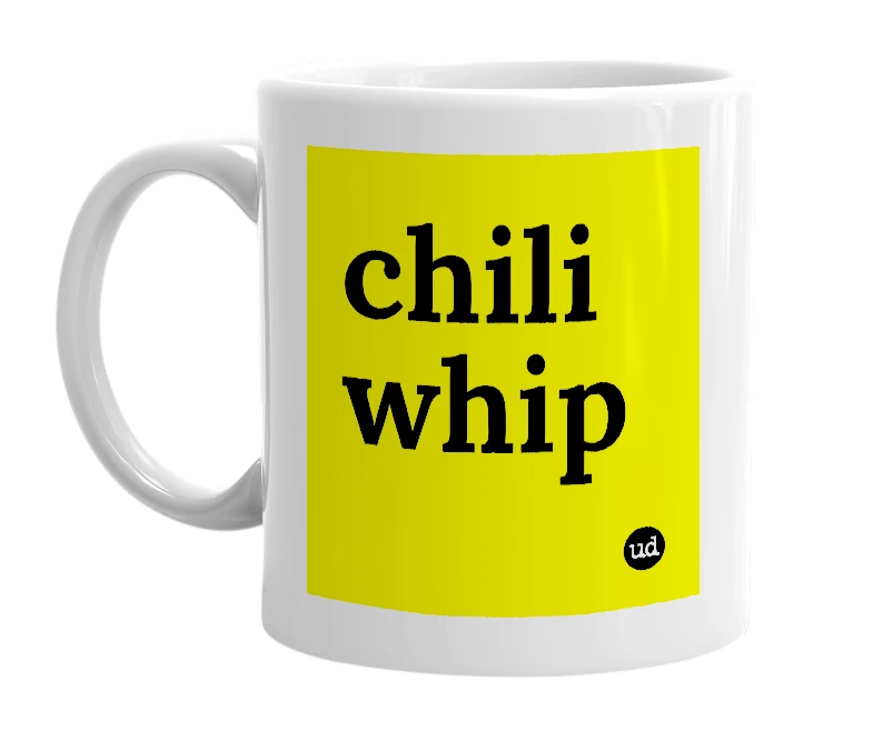 White mug with 'chili whip' in bold black letters