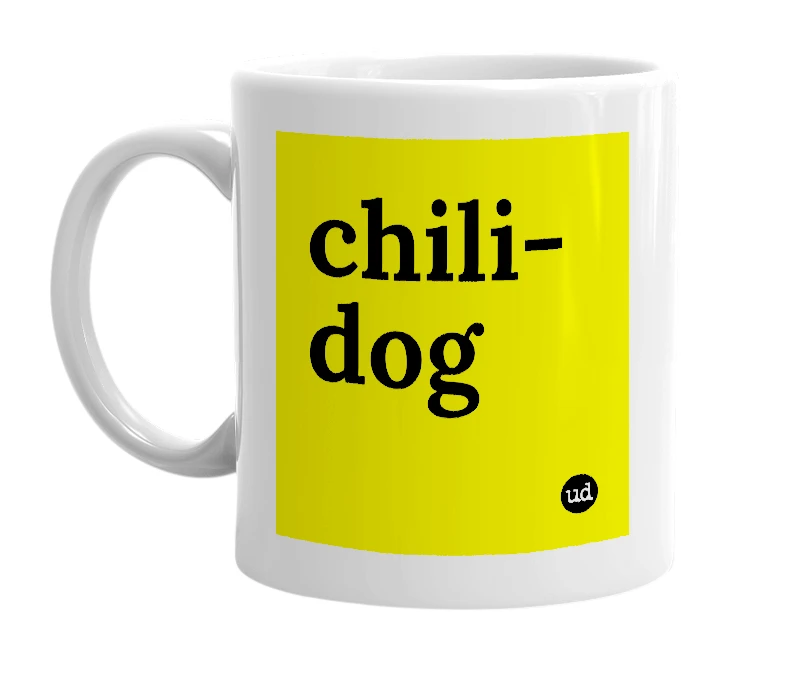 White mug with 'chili-dog' in bold black letters