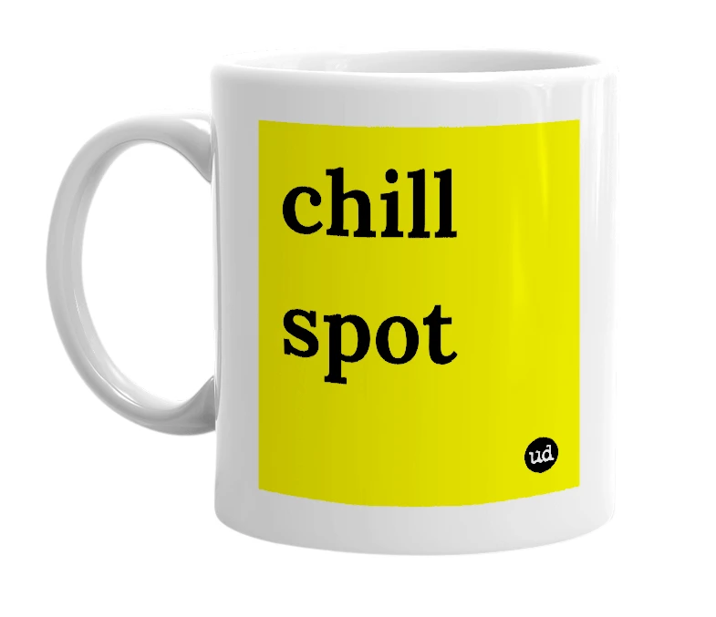 White mug with 'chill spot' in bold black letters