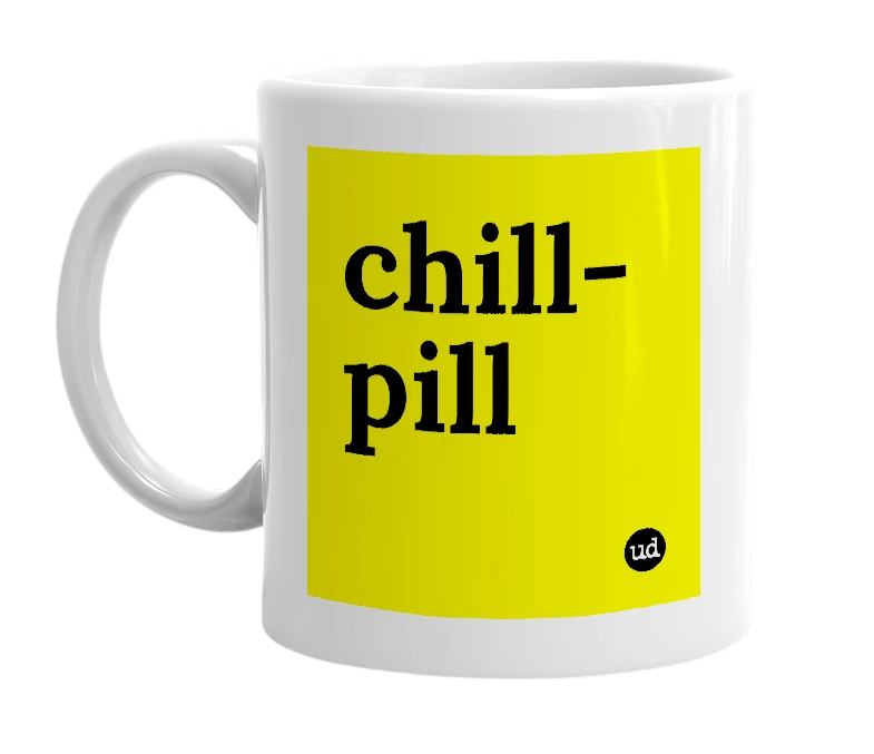 White mug with 'chill-pill' in bold black letters