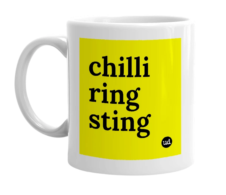 White mug with 'chilli ring sting' in bold black letters