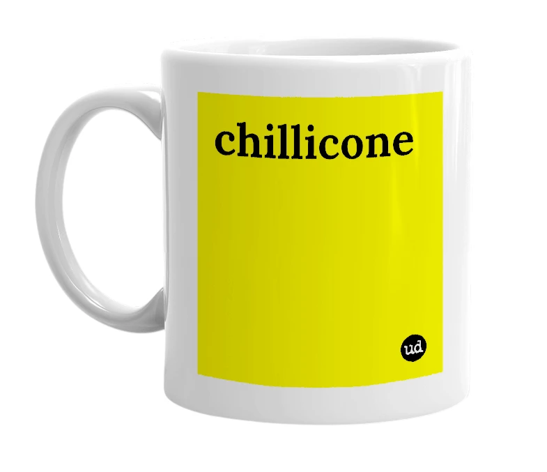 White mug with 'chillicone' in bold black letters