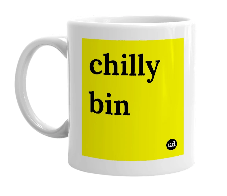 White mug with 'chilly bin' in bold black letters