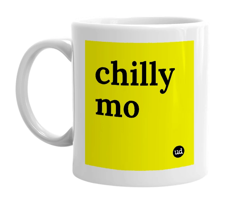 White mug with 'chilly mo' in bold black letters
