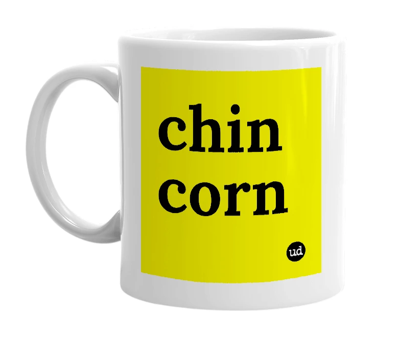White mug with 'chin corn' in bold black letters
