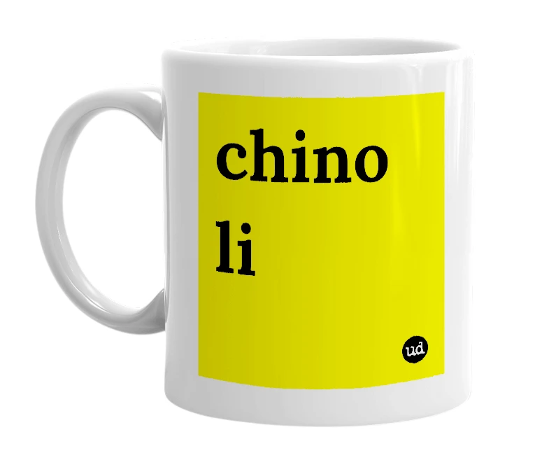 White mug with 'chino li' in bold black letters