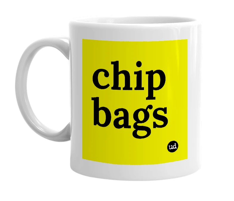 White mug with 'chip bags' in bold black letters