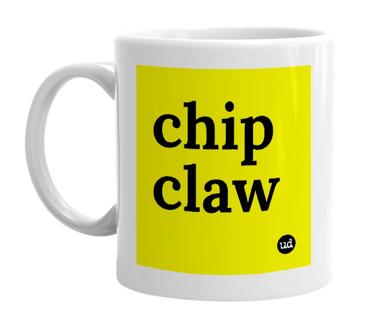 White mug with 'chip claw' in bold black letters