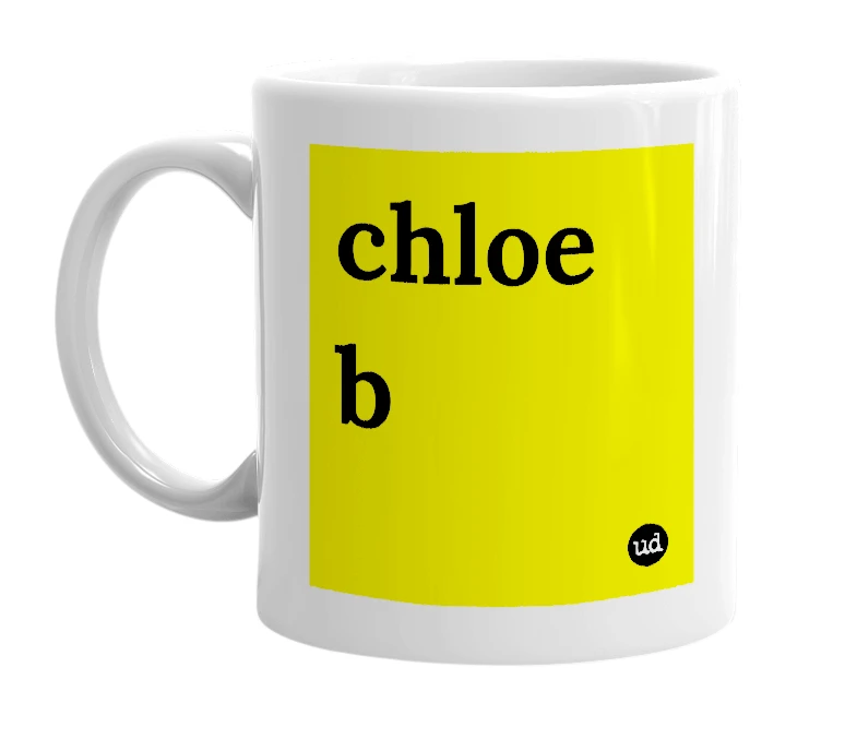 White mug with 'chloe b' in bold black letters