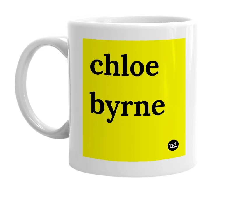 White mug with 'chloe byrne' in bold black letters