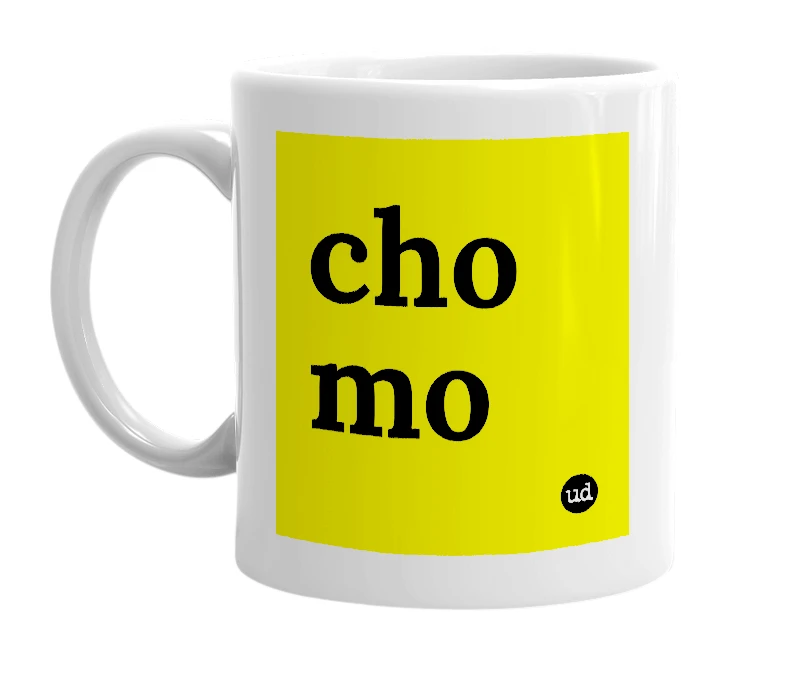 White mug with 'cho mo' in bold black letters