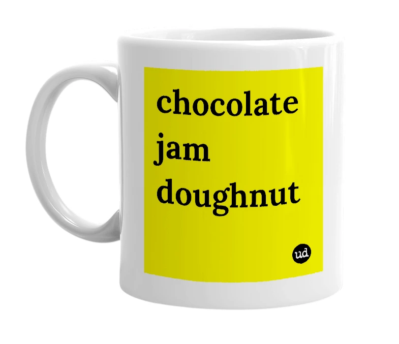 White mug with 'chocolate jam doughnut' in bold black letters