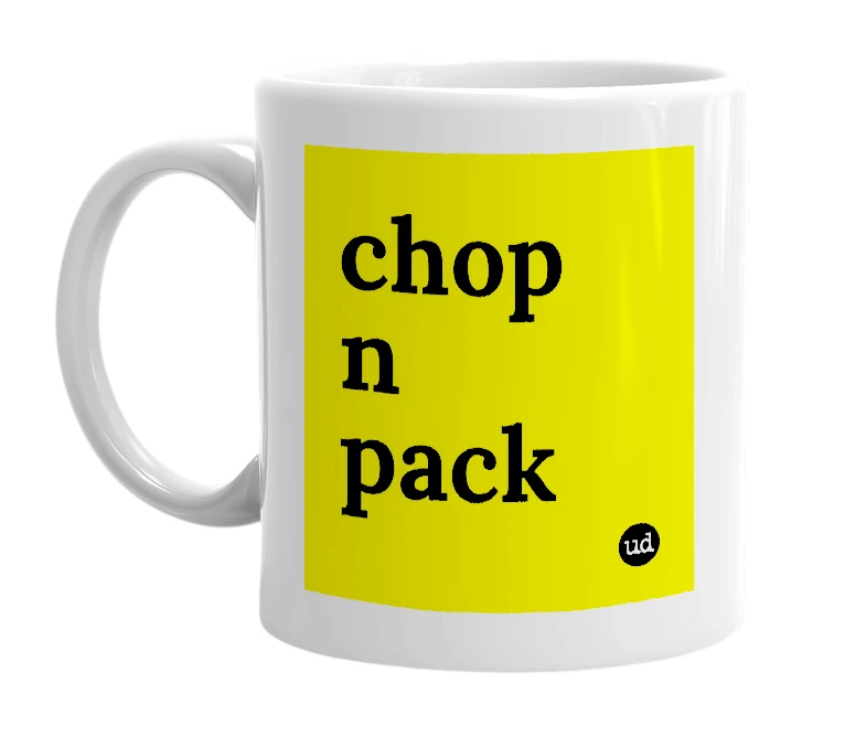 White mug with 'chop n pack' in bold black letters