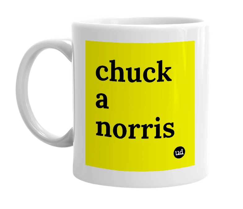 White mug with 'chuck a norris' in bold black letters