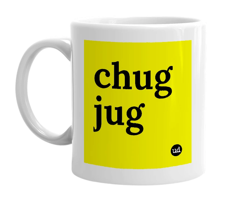 White mug with 'chug jug' in bold black letters